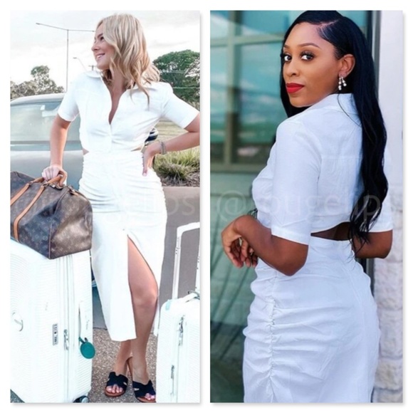 White Button Front Cut Out Back Midi Dress Short Sleeve Ruched Hips Collared - Picture 8 of 10